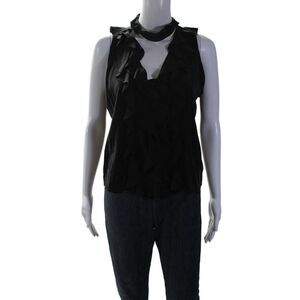 Roi Womens Sleeveless Ruffled Keyhole Silk Blouse Top Black Size Medium